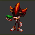 Black and Red Hedgehog Character Holding Green Gemstone Standing on Dark Surface