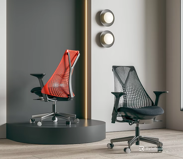 Two Red And Black Ergonomic Office Chairs With Mesh Design On Display Stand 3d model 