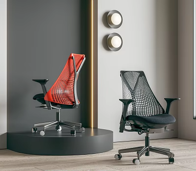 Two Red And Black Ergonomic Office Chairs With Mesh Design On Display Stand 3d model