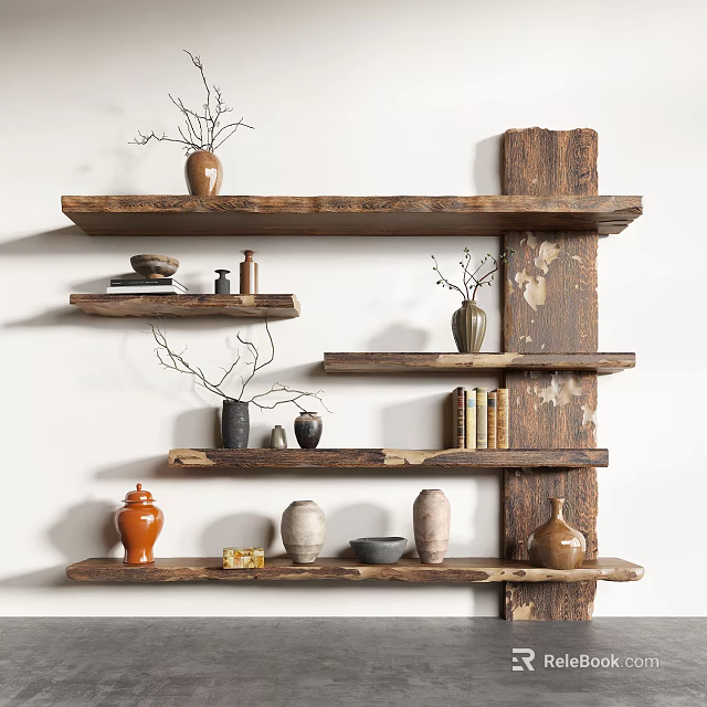 Multi Tiered Rustic Wooden Shelving With Clay Pots Books And Decorative Items 3d model 