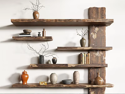Multi Tiered Rustic Wooden Shelving With Clay Pots Books And Decorative Items 3d model