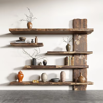 Multi Tiered Rustic Wooden Shelving With Clay Pots Books And Decorative Items 3d model