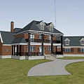 Detached Villa Exterior With Red Brick Walls Columns Dark Roof And Lush Greenery Driveway