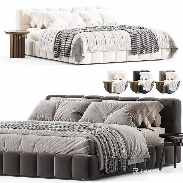 Modern Double Bed With Plush Pillows Textured Blanket Upholstered Headboard And Nightstand 3d model 