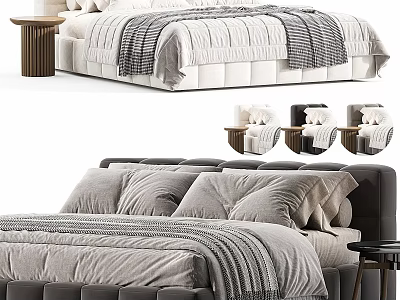 Modern Double Bed With Plush Pillows Textured Blanket Upholstered Headboard And Nightstand 3d model