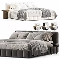 Modern Double Bed With Plush Pillows Textured Blanket Upholstered Headboard And Nightstand