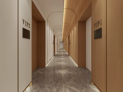 Modern Elevator Hallway Design With VIP Signs Wooden Walls And Gray Marble Flooring 3d model