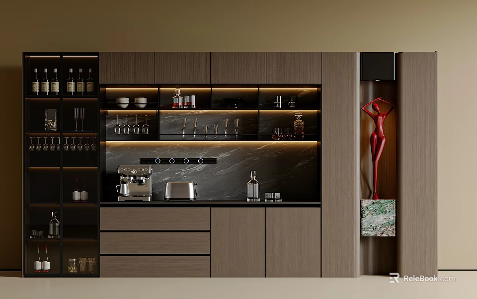 Modern Dark Brown Sideboard with LED Lighting Glassware Coffee Machine and Sculpture 3d model 
