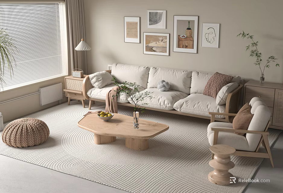 Scandinavian Living Room Sofa Coffee Table Set With Wooden Design Green Plants And Decorative Paintings 3d model 