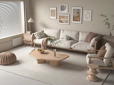 Scandinavian Living Room Sofa Coffee Table Set With Wooden Design Green Plants And Decorative Paintings 3d model