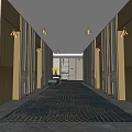 Luxurious Hotel Corridor Featuring Symmetric Paneling Patterned Carpet And Ambient Lighting 3d model