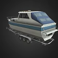 White And Blue Yacht With Trailer On Dark Background 3d model