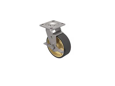Metal Caster Wheel With Square Mounting Plate Black Wheel And Golden Hub 3d model
