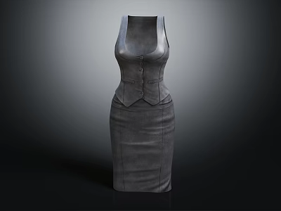 Elegant Gray Sleeveless Fitted Waist Dress With Leather Like Fabric Design 3d model