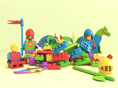 Colorful Building Blocks With Knight Figures Toy Horse Flags And Tools 3d model
