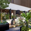 Modern Elegant Restaurant Exterior With White Walls Black Signage Green Plants And Umbrellas