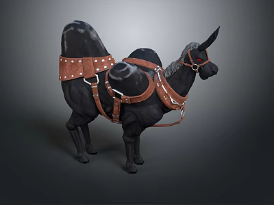 Realistic Black Bactrian Camel 3D Model with Brown Leather Saddle and Straps 3d model
