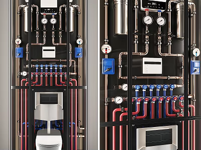Modern Bathroom Plumbing Combination With Metal Pipes Valves Pressure Gauges Control Panel And Toilet 3d model