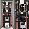 Modern Bathroom Plumbing Combination With Metal Pipes Valves Pressure Gauges Control Panel And Toilet