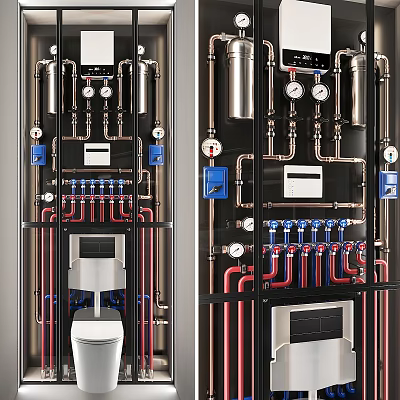 Modern Bathroom Plumbing Combination With Metal Pipes Valves Pressure Gauges Control Panel And Toilet 3d model