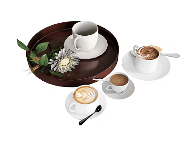 Elegant Tableware Set With Brown Tray White Cups Saucers Spoons Latte Art And Green Decor 3d model