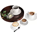 Elegant Tableware Set With Brown Tray White Cups Saucers Spoons Latte Art And Green Decor
