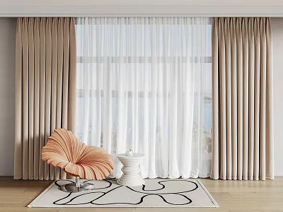 Elegant Beige Curtains With White Sheer Panels For Window Interior Design 3d model