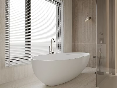 Bright Modern Bathroom Featuring Freestanding White Bathtub And Large Window Blinds 3d model