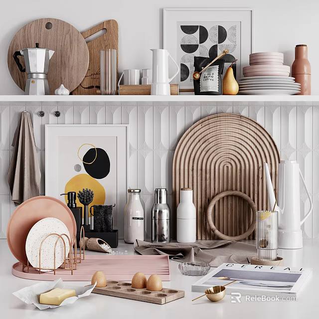 Modern Kitchenware Display On Shelves With Cutting Boards Plates Mugs And Ceramic Bottles 3d model 