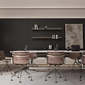 Modern Office Interior With Desk Chairs Red Sofa Large Windows And TV Screen