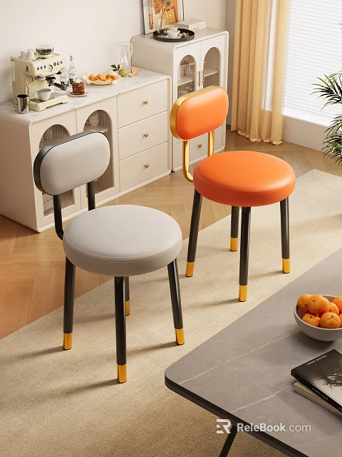 Stylish Gray and Orange Leisure Chairs with Leather Seats Black Legs and Gold Tips 3d model 