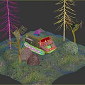 Military Vehicle in Grassland Terrain with Satellite Antenna Surrounded by Trees and Rocks