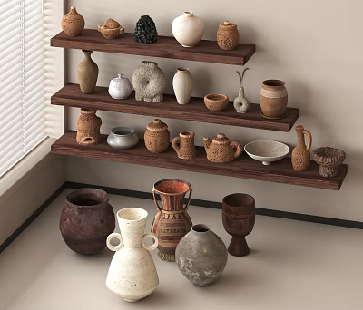 Various Ceramic Vessels Showcased On Layered Wooden Shelves And Floor Space 3d model