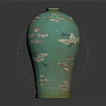 Green Plant in Turquoise Vase Adorned with Cloud and Crane Patterns 3d model