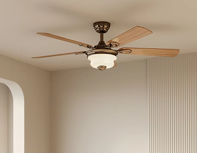 Ceiling Fan With Wooden Blades And Light In Minimalist Interior White Walls 3d model