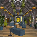 Book Art Interior Design Featuring Arched Metal Roof Green Plants Bookshelves And Blue Seating