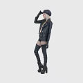 Fashionable woman in black leather jacket adjusting hat with knee high boots and gloves