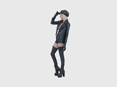 Fashionable woman in black leather jacket adjusting hat with knee high boots and gloves 3d model