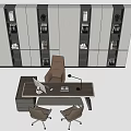 Modern Office Desk With Laptop Phone And Stationery Surrounded By Bookshelf And Office Chairs