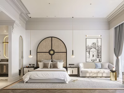 Elegant Modern Bedroom Interior With Arched Rattan Headboard Pendant Lights And Sofa 3d model