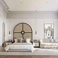 Elegant Modern Bedroom Interior With Arched Rattan Headboard Pendant Lights And Sofa