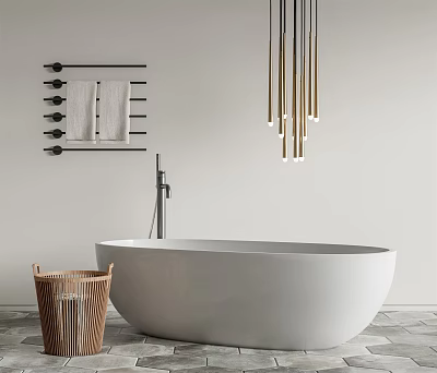 Modern White Bathtub With Wooden Laundry Basket Black Towel Rack Gold Lights And Gray Tile Floor 3d model