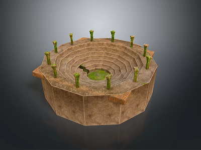 Circular Multi Layered Stone Outdoor Decorative Structure With Green Pillars And Central Green Area 3d model