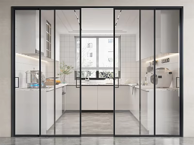 Modern Kitchen Interior Design With Transparent Glass Doors White Cabinets Countertop And Natural Light 3d model
