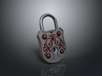 Silver Metal Padlock With Red Decorative Patterns On Gray Background With Reflection 3d model