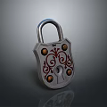 Silver Metal Padlock With Red Decorative Patterns On Gray Background With Reflection