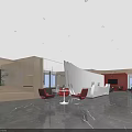 Modern Lounge Area With Red Chairs White Table Marble Floor And Large Windows Design
