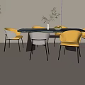 Modern Dining Table Set With Marble Top Yellow White Chairs And Plants Fruits