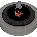 Stylish Modern Circular Wooden Fireplace With Burning Flames And Black Stones