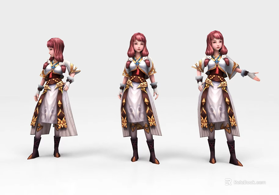 Game And Movie Character With Pink Hair White And Gold Ornate Outfit In Different Poses 3d model 